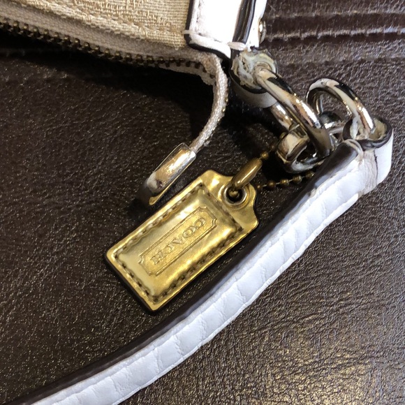 COACH Ivory Neutral C Logo Fabric Top Handle Top Zipper Leather Trim Bag - Picture 8 of 15